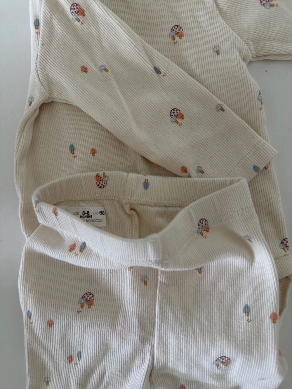 Zara Cream Ribbed Long-Sleeve Baby Bodysuit and Pants Set with Mushroom Design